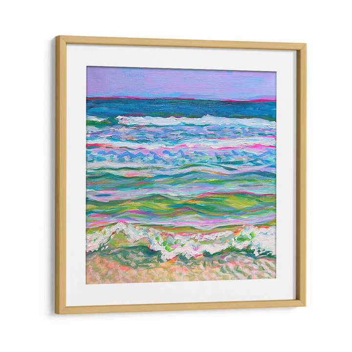 PINK SEAS , BEACH PAINTINGS by Oakwood Mount - pastel-hued framed canvas of tranquil pink, coral and turquoise shoreline waves