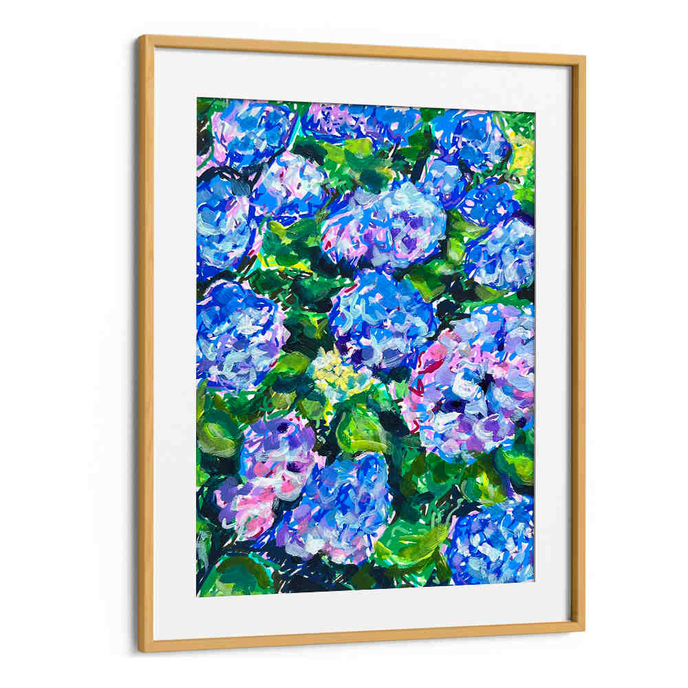 OakwoodMount framed HYDRANGEAS , FLORAL FLOWER PAINTINGS with vivid blue and pink hydrangea clusters