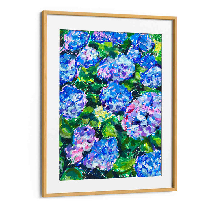OakwoodMount framed HYDRANGEAS , FLORAL FLOWER PAINTINGS with vivid blue and pink hydrangea clusters