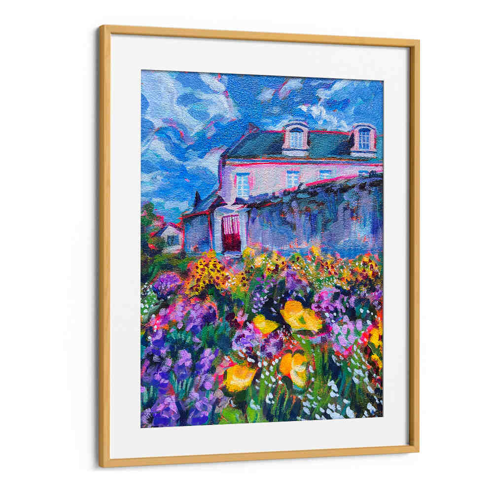 FLEURS , LANDSCAPE PAINTINGS by Oakwood Mount: framed vibrant floral field and cottage under a dramatic blue sky