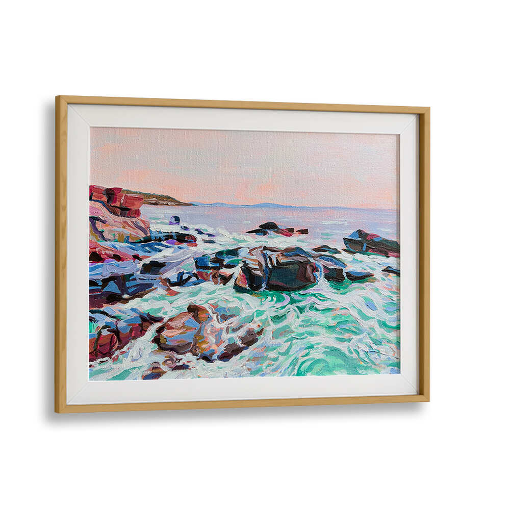 THUNDER HOLE , BEACH PAINTINGS by Oakwood Mount, framed seascape of crashing waves, rocky coastline and pastel sky
