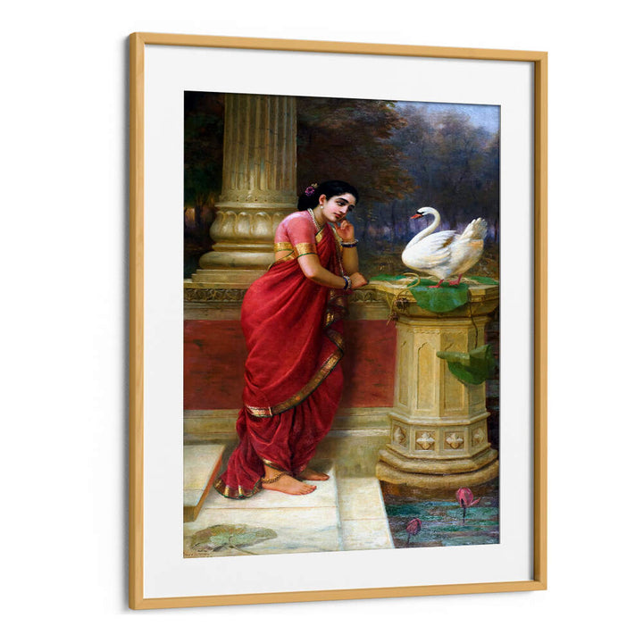 RAVI VARMA PRINCESS DAMAYANTHI TALKING WITH ROYAL SWAN ABOUT NALA , INDIAN ART PAINTINGS