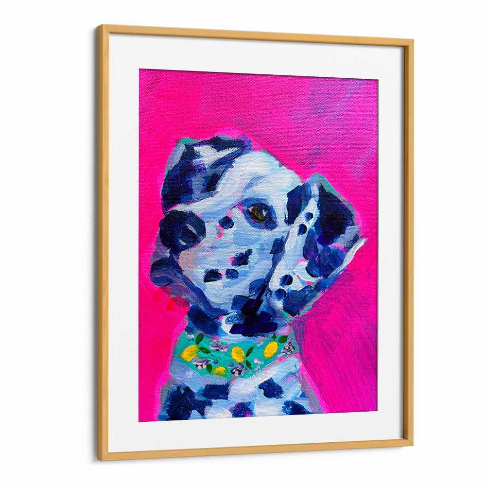 DALMATION , FASHION POSTERS Oakwood Mount bright pink poster of stylized Dalmatian with lemon-print collar