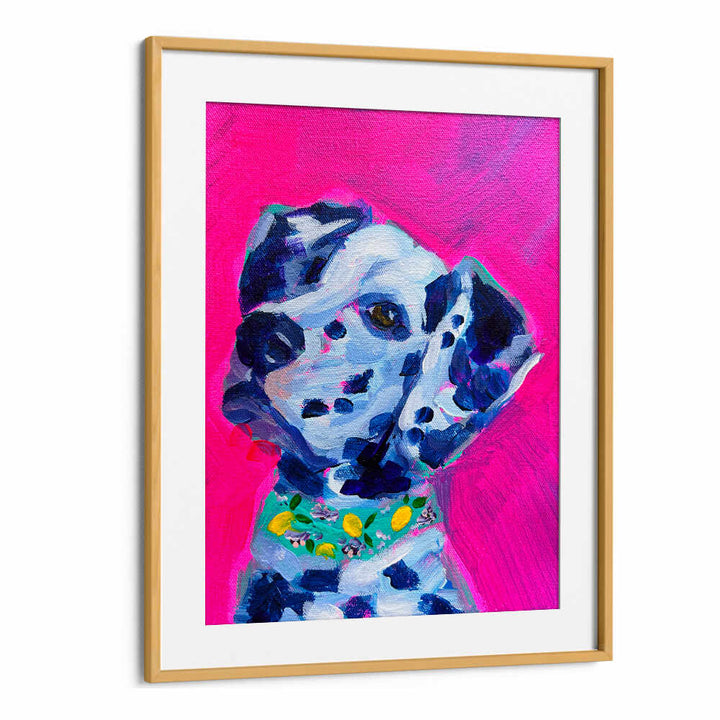 DALMATION , FASHION POSTERS Oakwood Mount bright pink poster of stylized Dalmatian with lemon-print collar