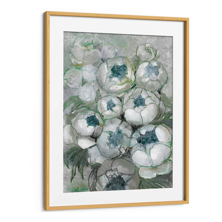 NURIA BOUQUET OF PEONIES IN TEAL AND GREEN , FLORAL FLOWER PAINTINGS