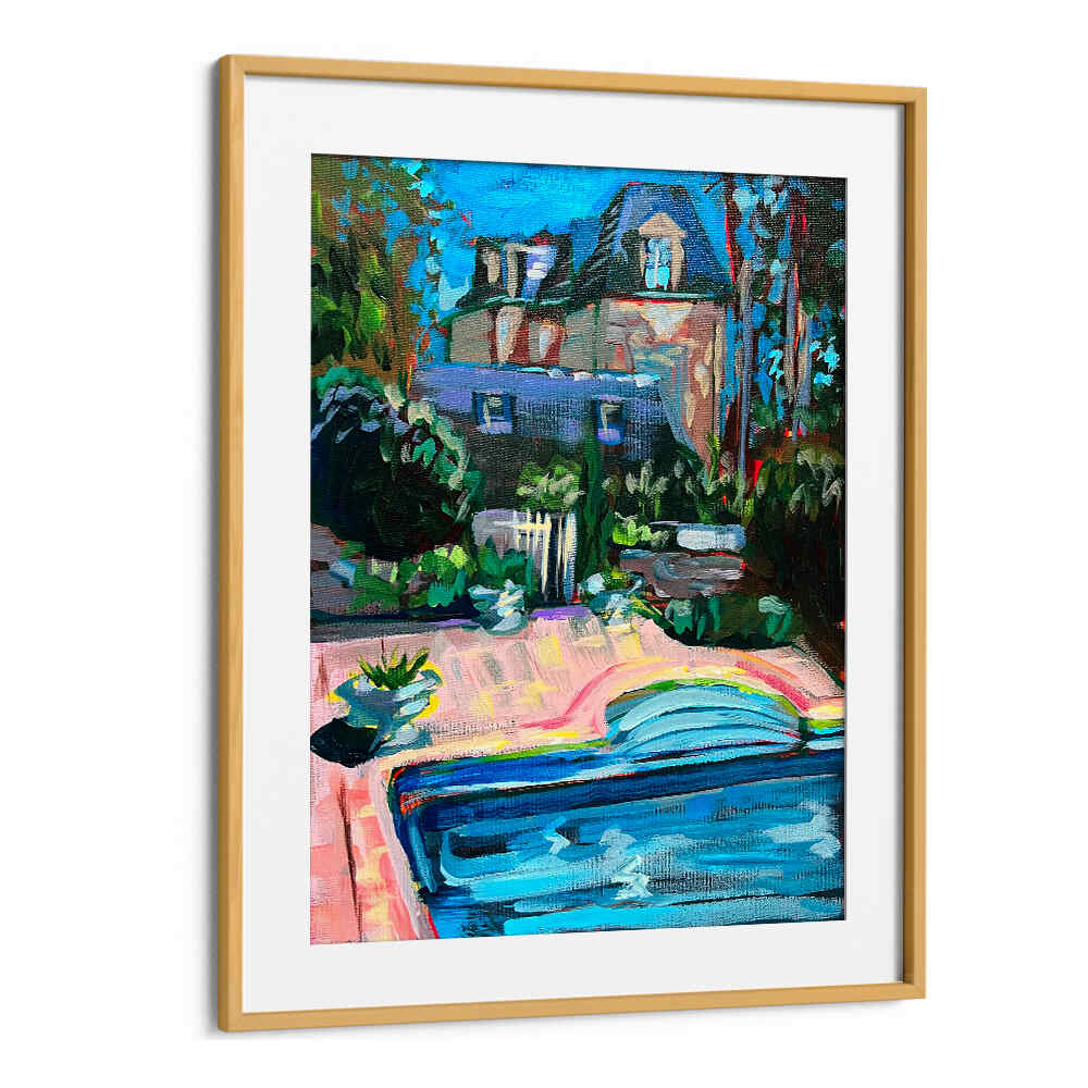 CHÂTEAU DE LA VIGNE , LANDSCAPE PAINTINGS by Oakwood Mount: sunlit château garden with pool and rolling vineyard hills