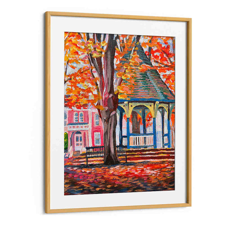 CORN HILL , LANDSCAPE PAINTINGS Oakwood Mount: autumn gazebo and bench under vibrant orange tree, framed art