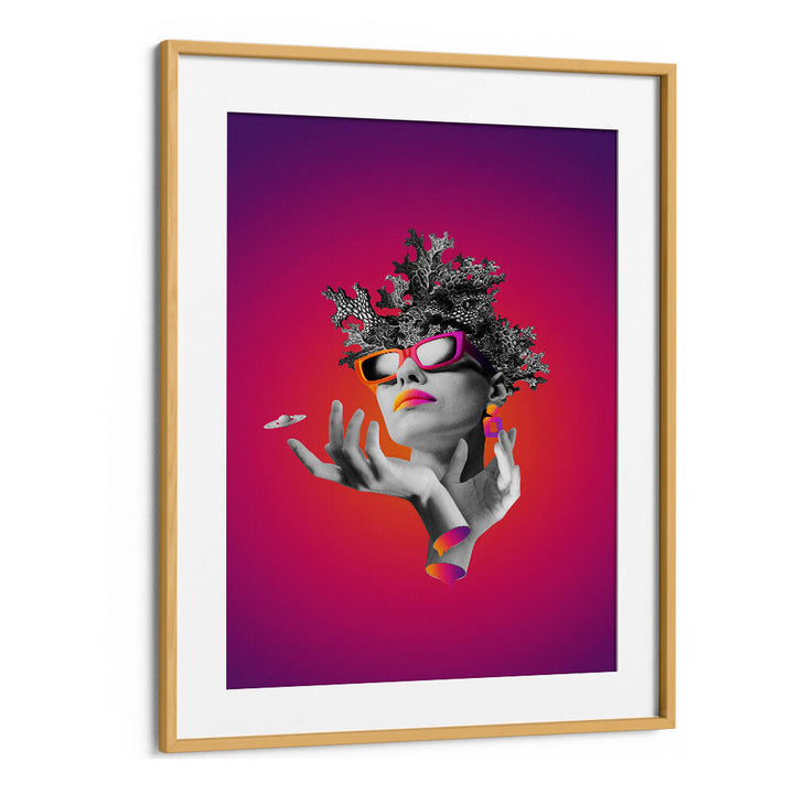 Surreal art print "LADY ON PINK" showcases a woman with vibrant glasses and a striking background, perfect for decor.