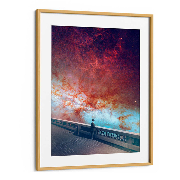 Elegant MY-SPACE, SURREAL ART PRINTS featuring a man gazing at a cosmic landscape in a stylish frame.