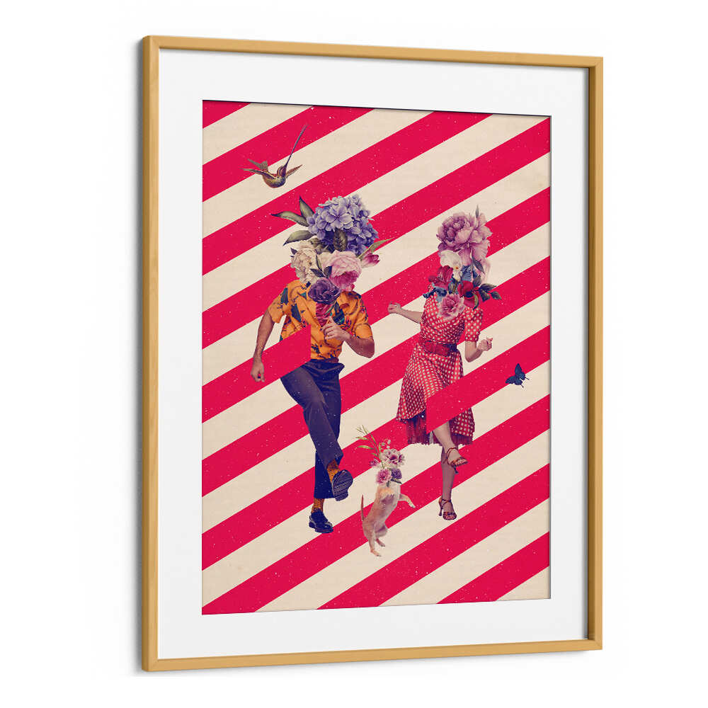 Bright and whimsical PARTY TIME, SURREAL ART PRINTS featuring playful figures and floral designs on bold stripes.