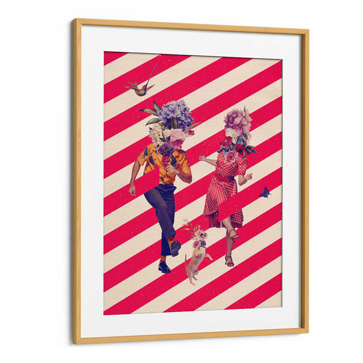 Bright and whimsical PARTY TIME, SURREAL ART PRINTS featuring playful figures and floral designs on bold stripes.