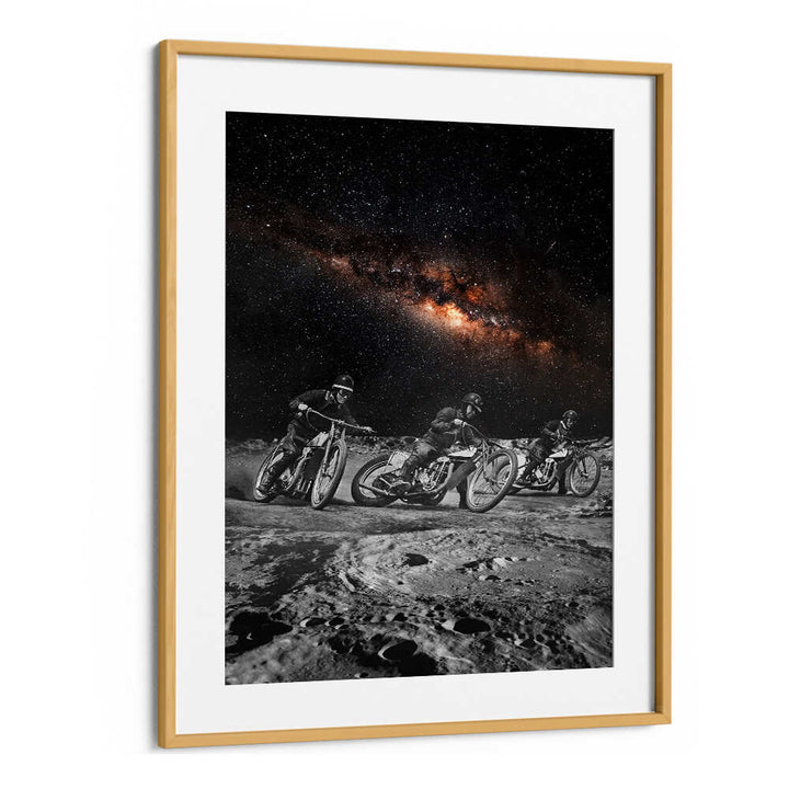 Riders traverse a surreal lunar landscape in this stunning art print, perfect for adding flair to any space.