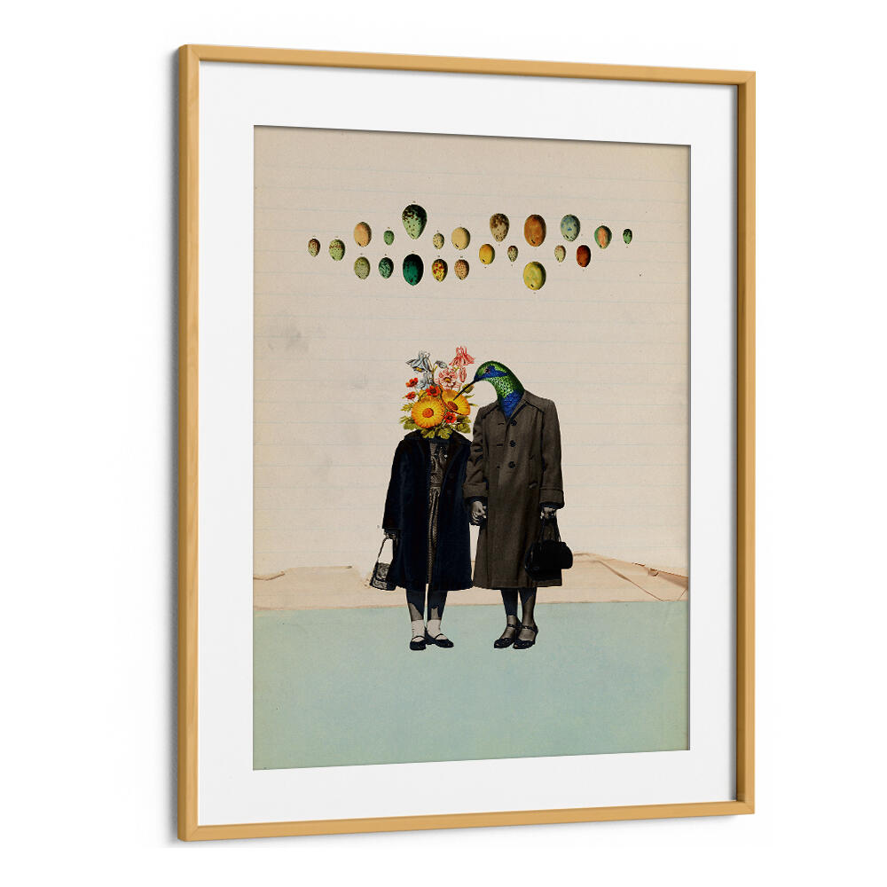 Surreal art print "SOULMATE" features whimsical characters with floral and bird elements, perfect for unique decor.