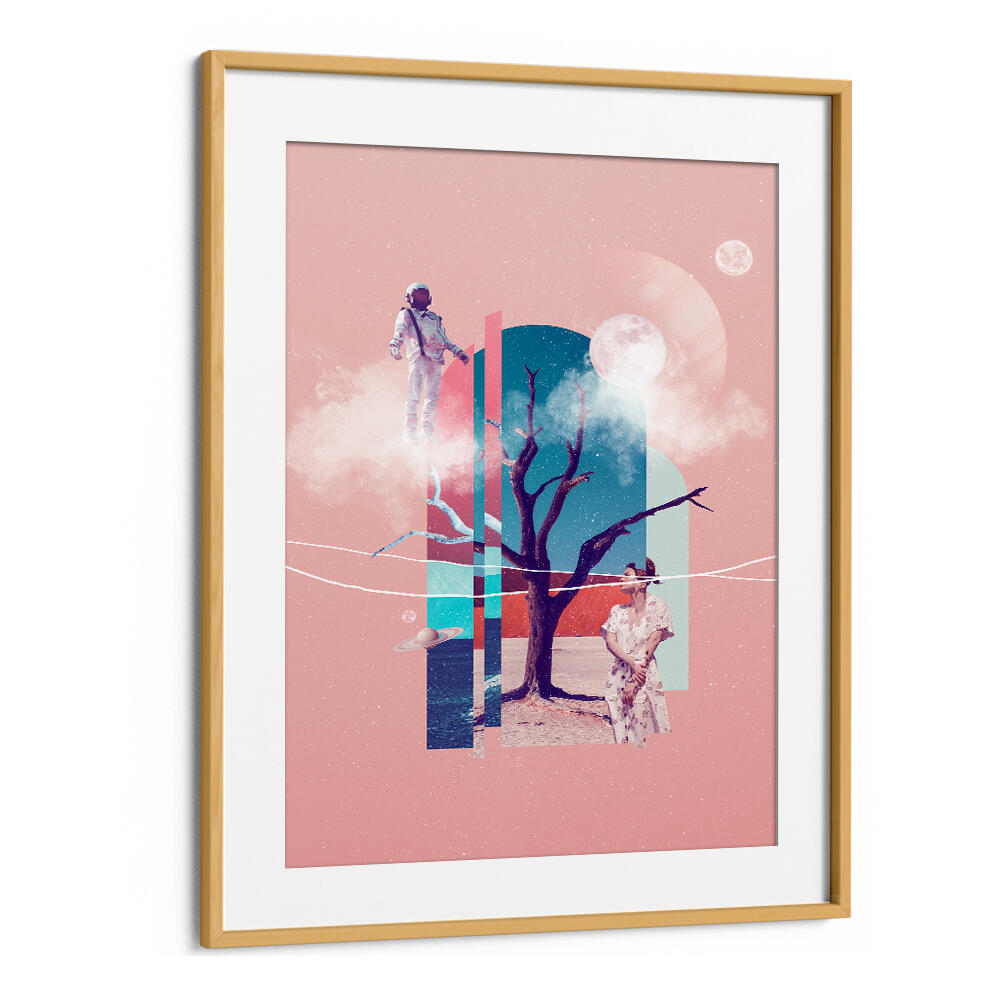 Surreal art print titled "SPACE LOVE," featuring astronauts and a whimsical landscape. Perfect for art lovers!