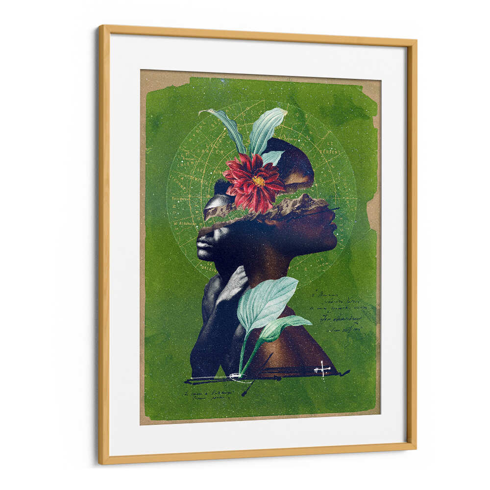 Stunning artwork featuring "THE ROOTS, SURREAL ART PRINTS" with vibrant flowers and a unique green background.