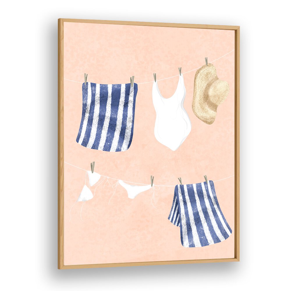 AFTER THE SWIM, KIDS ROOM PAINTINGS showcase playful beachwear hanging on a line, perfect for a cheerful kids' space.