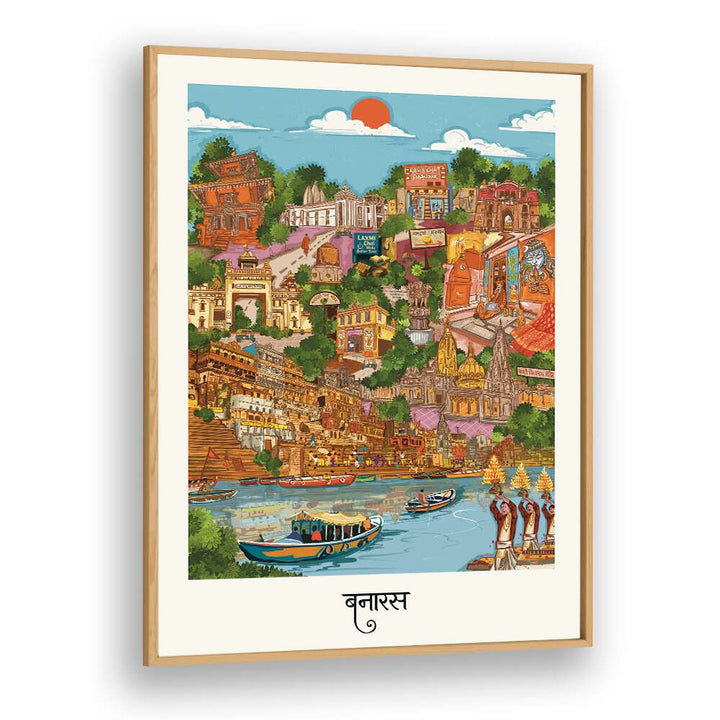 Colorful Varanasi travel poster showcasing iconic landmarks and boats, perfect for home decor or travel enthusiasts.