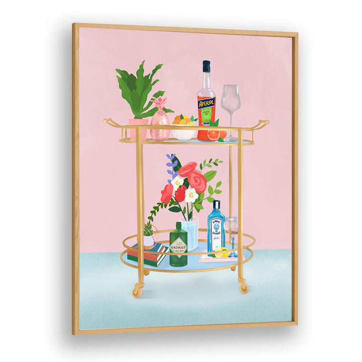 BAR CART , BAR  by Oakwood Plain: golden bar cart with bottles and a floral arrangement.