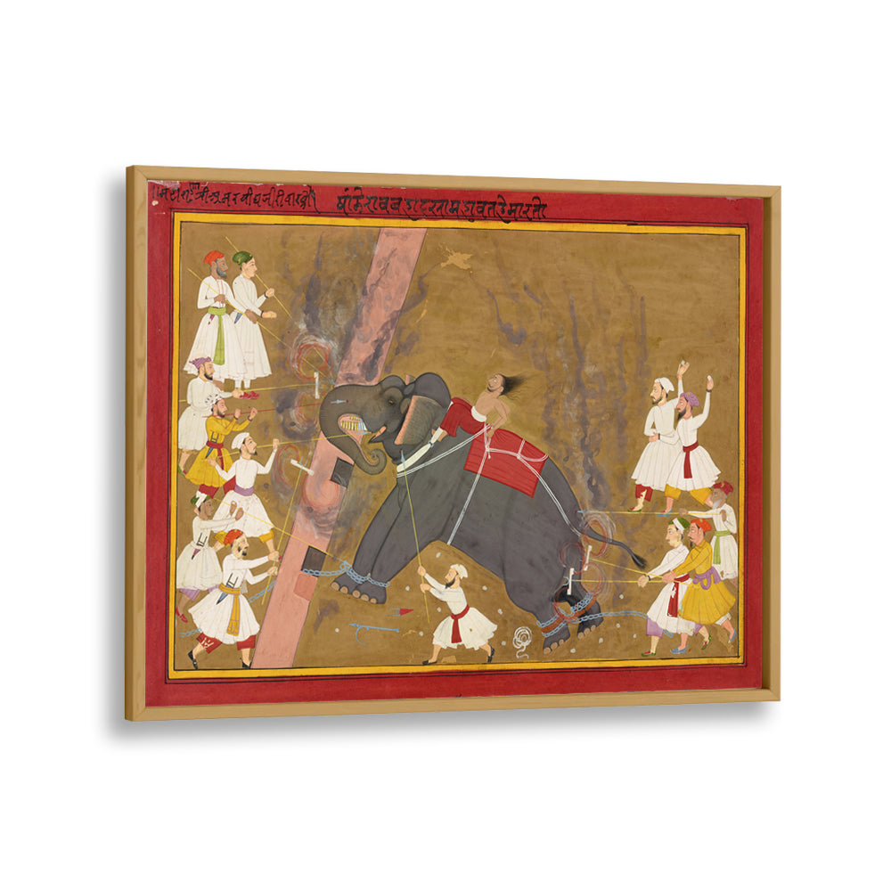 THE ELEPHANT KHANDERAO BAHADUR KILLING SHAM MAHAVAT , INDIAN ART PAINTINGS