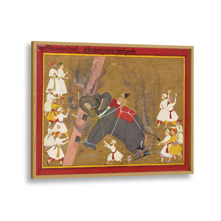 THE ELEPHANT KHANDERAO BAHADUR KILLING SHAM MAHAVAT , INDIAN ART PAINTINGS