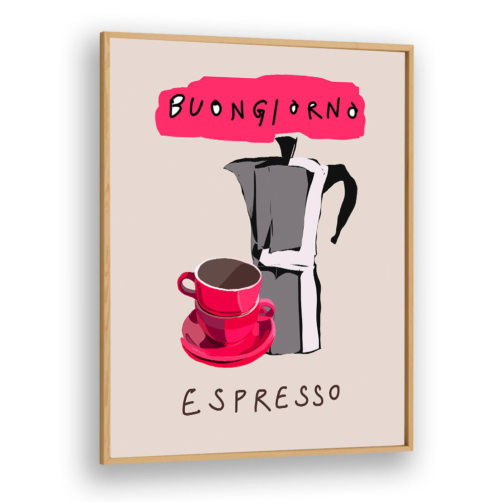 Stylish BUONGIORNO ESPRESSO, BAR poster featuring a vibrant espresso maker and cup, perfect for coffee lovers.