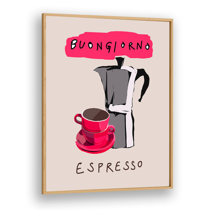 Stylish BUONGIORNO ESPRESSO, BAR poster featuring a vibrant espresso maker and cup, perfect for coffee lovers.