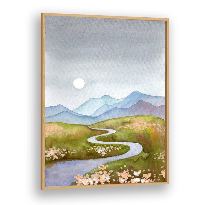 Serene BLUE GRAY HILLS landscape paintings featuring gentle hills and a winding river, perfect for home decor.