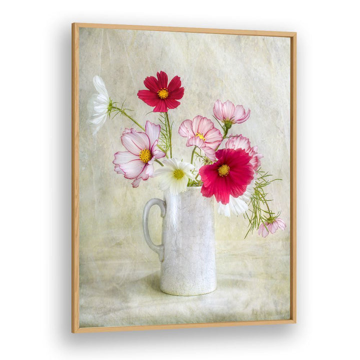 Vibrant COSMOS CARNIVAL, FLORAL FLOWER PAINTINGS brighten any space with colorful blooms in a charming vase.