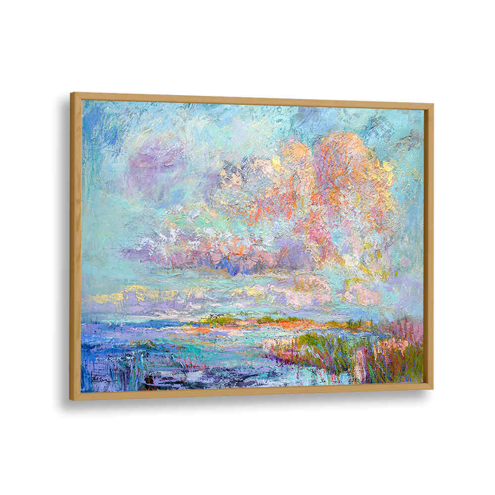 Oakwood framed pastel seascape with textured calming vistas — DREAMSCAPE HUES , LANDSCAPE PAINTINGS collection.