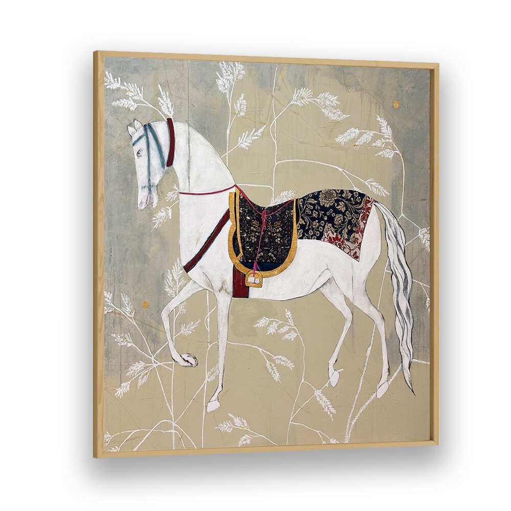 Elegant white horse tapestry showcasing fine artistry, part of EQUESTRIAN ELEGANCE TAPESTRIES, ANIMAL PAINTINGS collection.