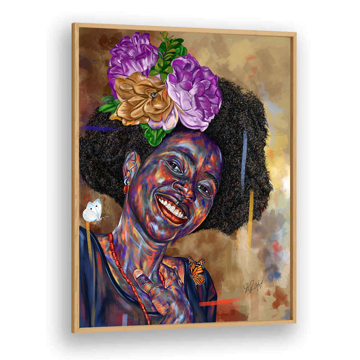 Oakwood GOOD FEELINGS , PORTRAITS vibrant figurative painting of smiling woman with flowers in her hair and butterflies