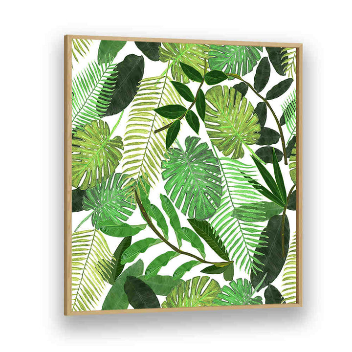 Oakwood Plain GREEN TROPICAL WATERCOLOR LEAVES , FLORAL FLOWER PAINTINGS with layered palm, monstera and fern leaves