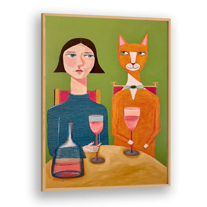 LADY AND CAT DRINKING WINE  , PORTRAITS & FIGURATIVE ILLUSTRATIONS