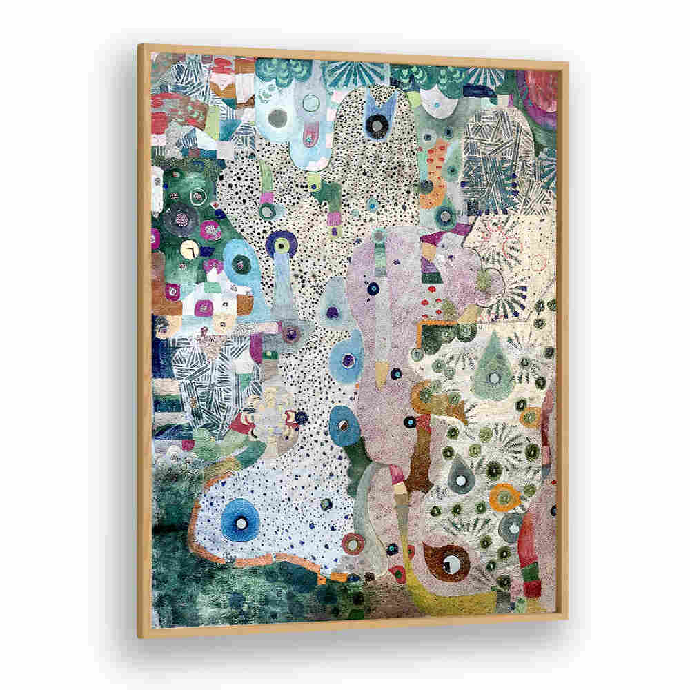 MIRRORS AND SPACE , ABSTRACT PAINTINGS Oakwood framed artwork with luminous textures, dots and geometric voids