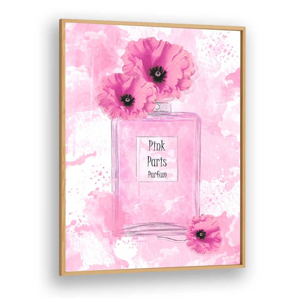 Elegant PINK PARIS PARFUM, FASHION POSTERS showcasing a chic perfume bottle adorned with vibrant pink flowers.