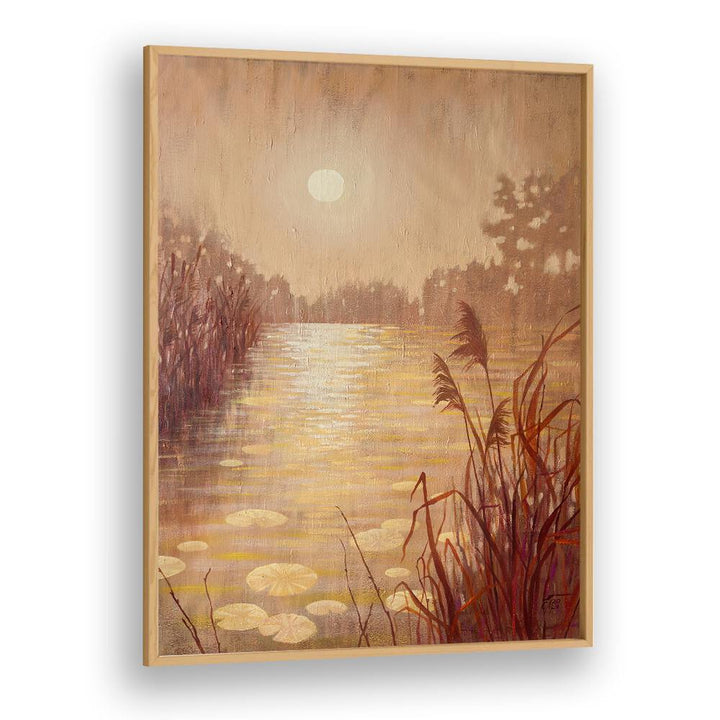 Serene pond with reeds at sunset, showcasing vibrant hues in this stunning landscape painting for your space.