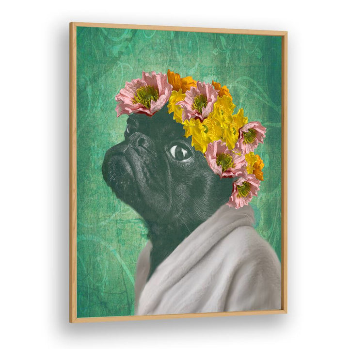 Charming PUG PORTRAIT, FASHION POSTERS showcasing a stylish pug adorned with flowers, perfect for dog lovers' decor.