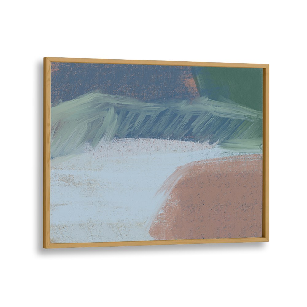 Abstract painting "SERENE FIELDS ABSTRACT" in a wooden frame, showcasing soothing colors and textures. Perfect for decor.
