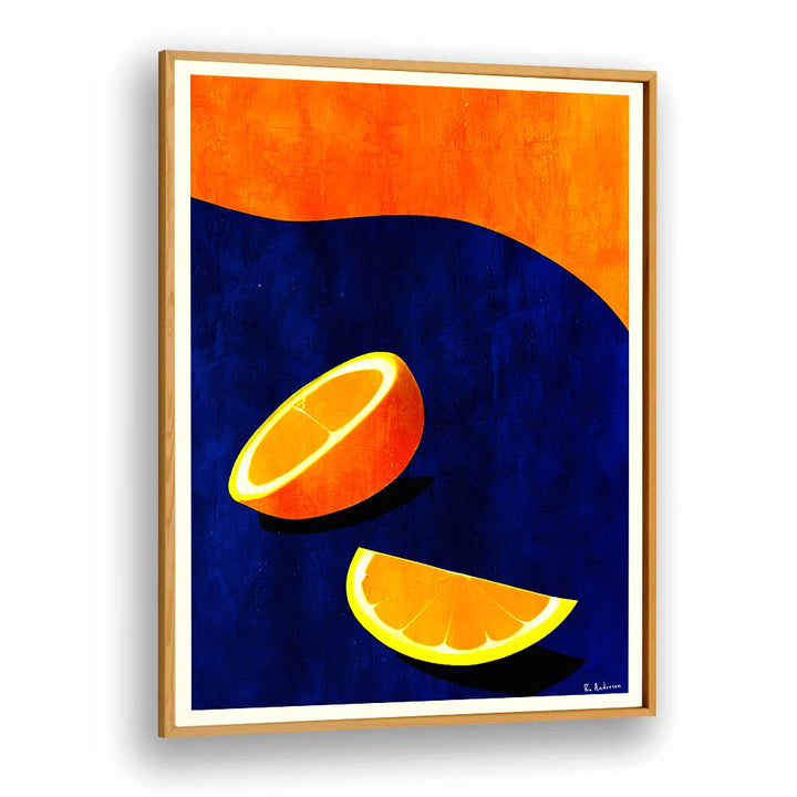 Bright orange and blue artwork featuring sliced oranges, perfect for enhancing your space with PETIT DEITUJEUNER, KITCHEN POSTERS.