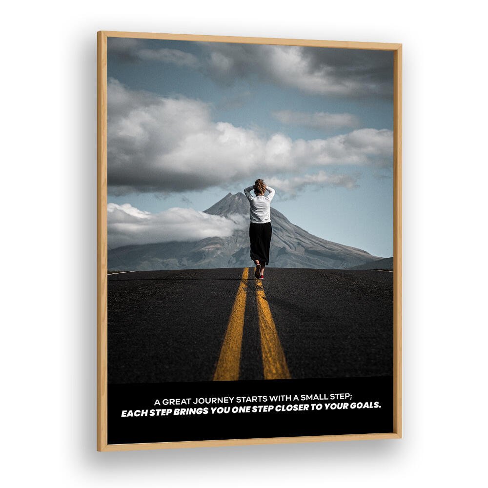 Oakwood Plain SMALL STEPS , QUOTES & TYPOGRAPHY posters with a person walking on a road toward mountains.
