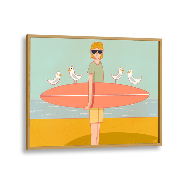 Colorful SEAGULL SURF CREW, BEACH PAINTINGS showcasing a surfer with seagulls, perfect for coastal decor lovers.