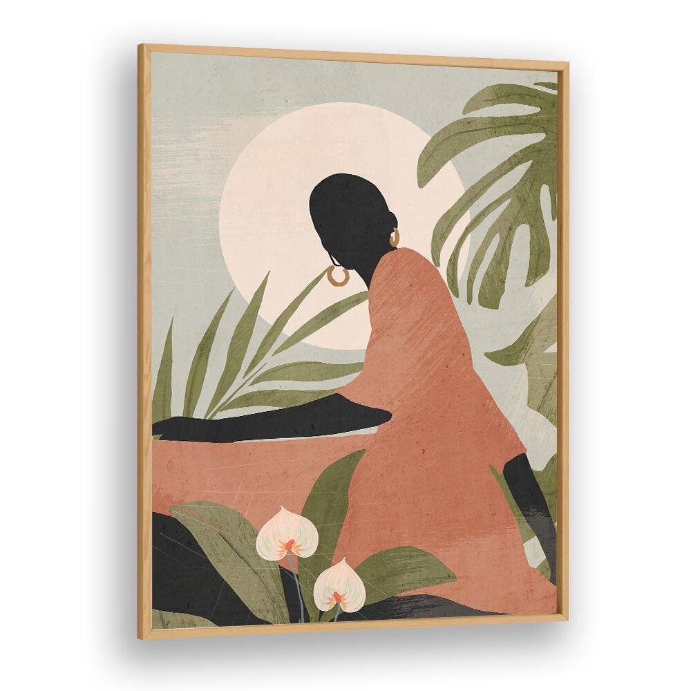 Serene Sunlit Silhouette, Boho Art Paintings, showcasing a stunning silhouette amidst lush greenery and soft colors.