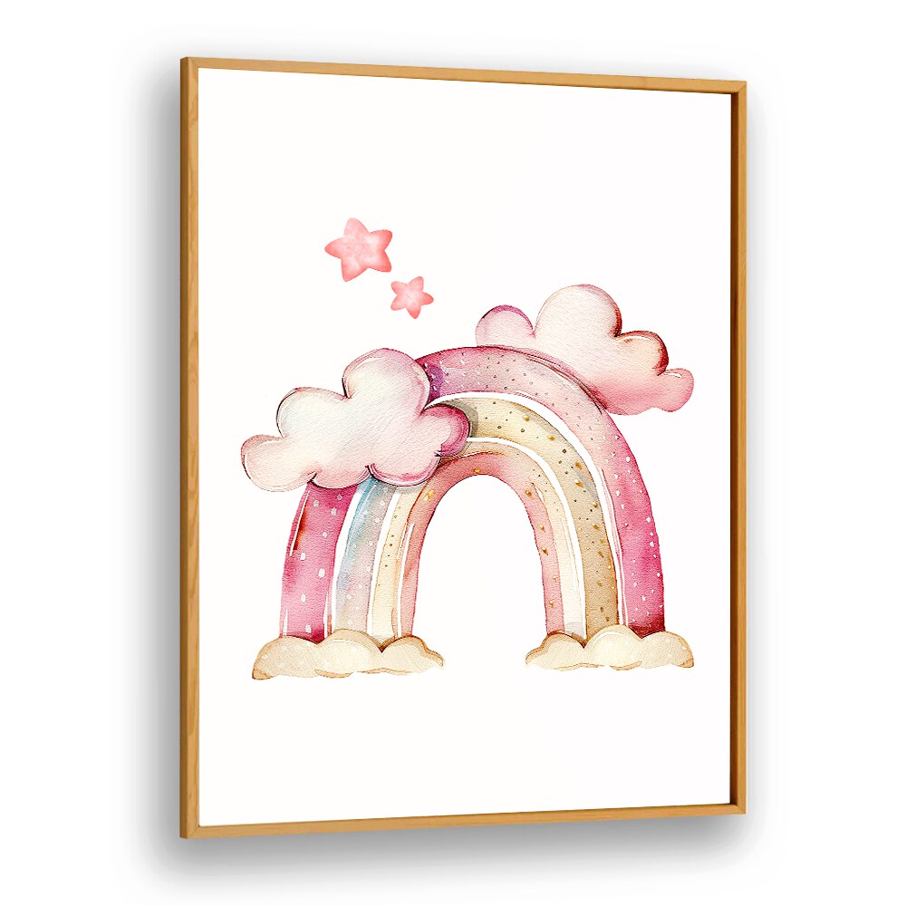 Whimsical STARRY PINK Kids Room Paintings feature a rainbow and stars, perfect for creating a magical bedroom atmosphere.