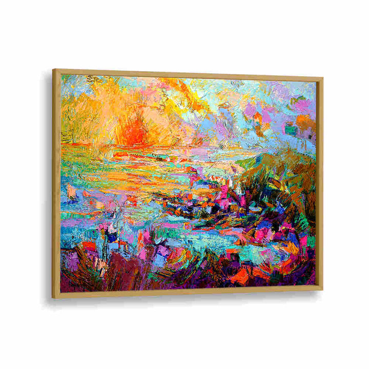Oakwood gallery SUNSET OVER , LANDSCAPE PAINTINGS vibrant framed abstract sunset landscape with bold textured hues