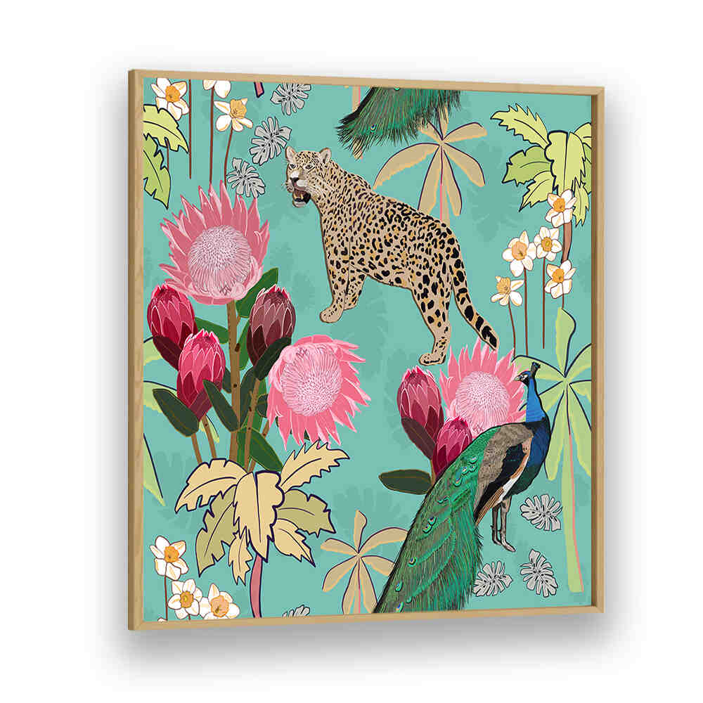 Oakwood TIGER AND PEACOCK , ANIMAL PAINTINGS framed teal floral artwork featuring a prowling tiger and peacock