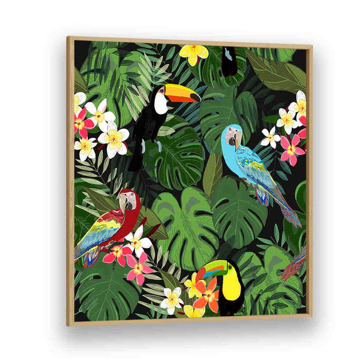 TROPICAL FOREST BLACK , ANIMAL PAINTINGS by Oakwood: vibrant parrots and toucans amid lush tropical leaves on black