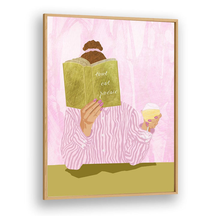 Artistic TOUT EST POESIE, FASHION POSTERS design featuring a reader enjoying elegance at home. Ideal for modern decor.