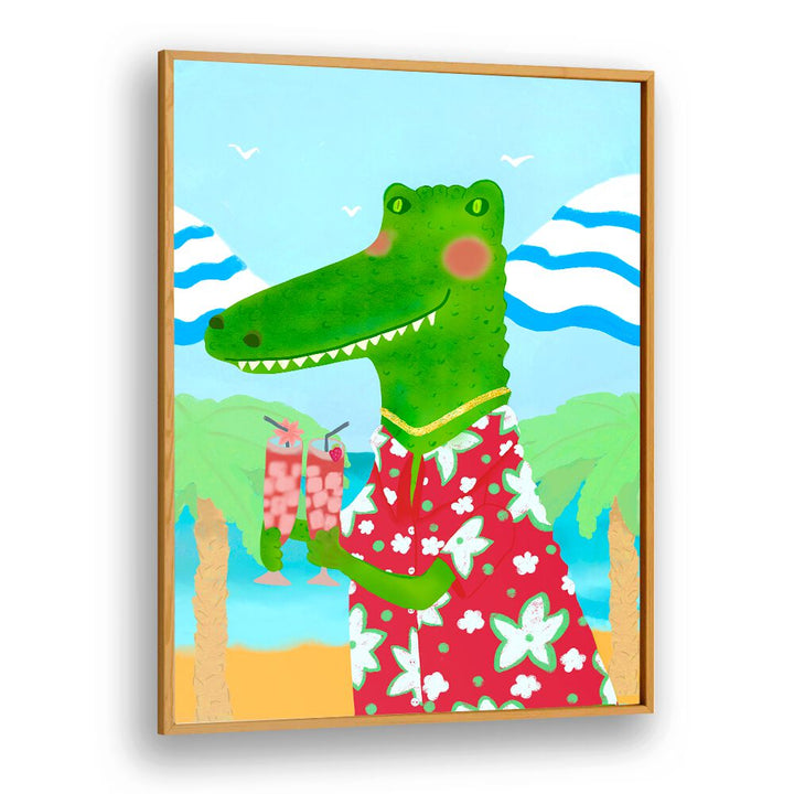 Vibrant TROPICAL REFRESHMENTS, KIDS ROOM PAINTINGS featuring a playful alligator, perfect for a child's room decor.