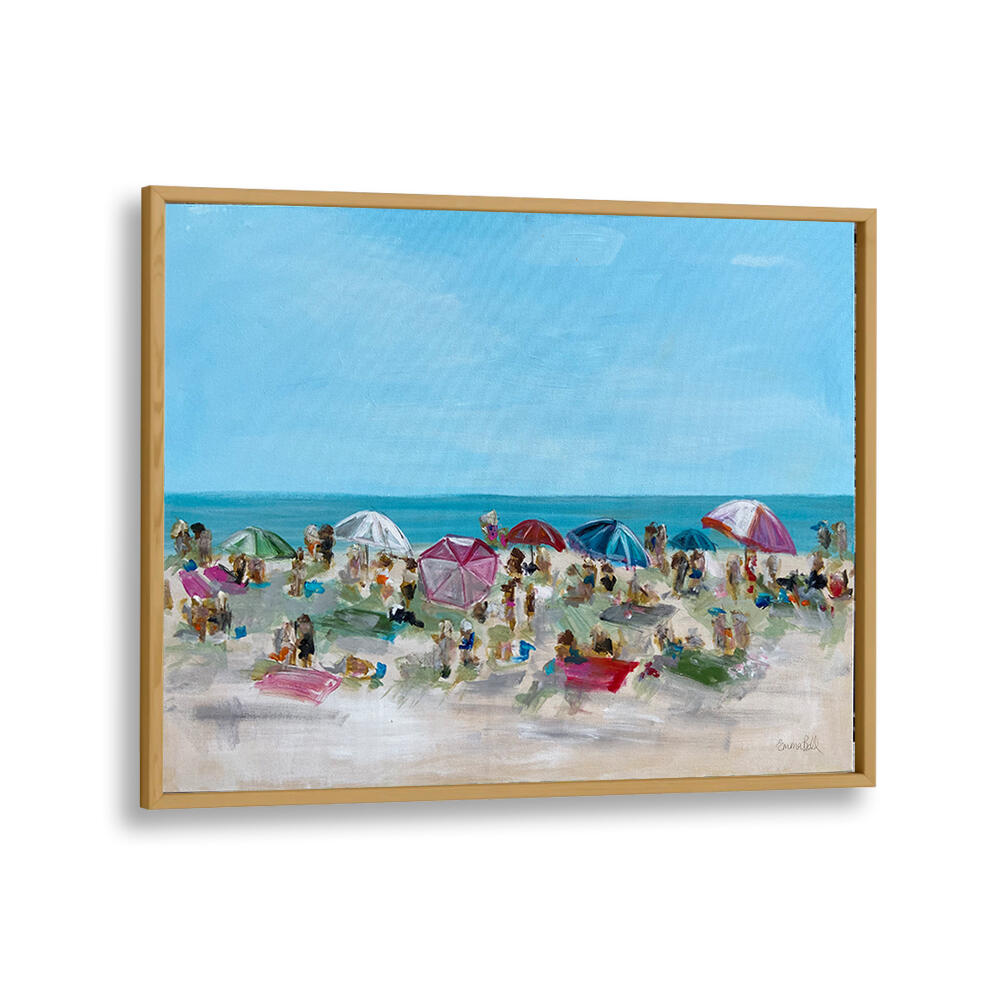 Colorful umbrellas dot the sandy beach in our UMBRELLA GATHERING, BEACH PAINTINGS, perfect for coastal decor lovers.