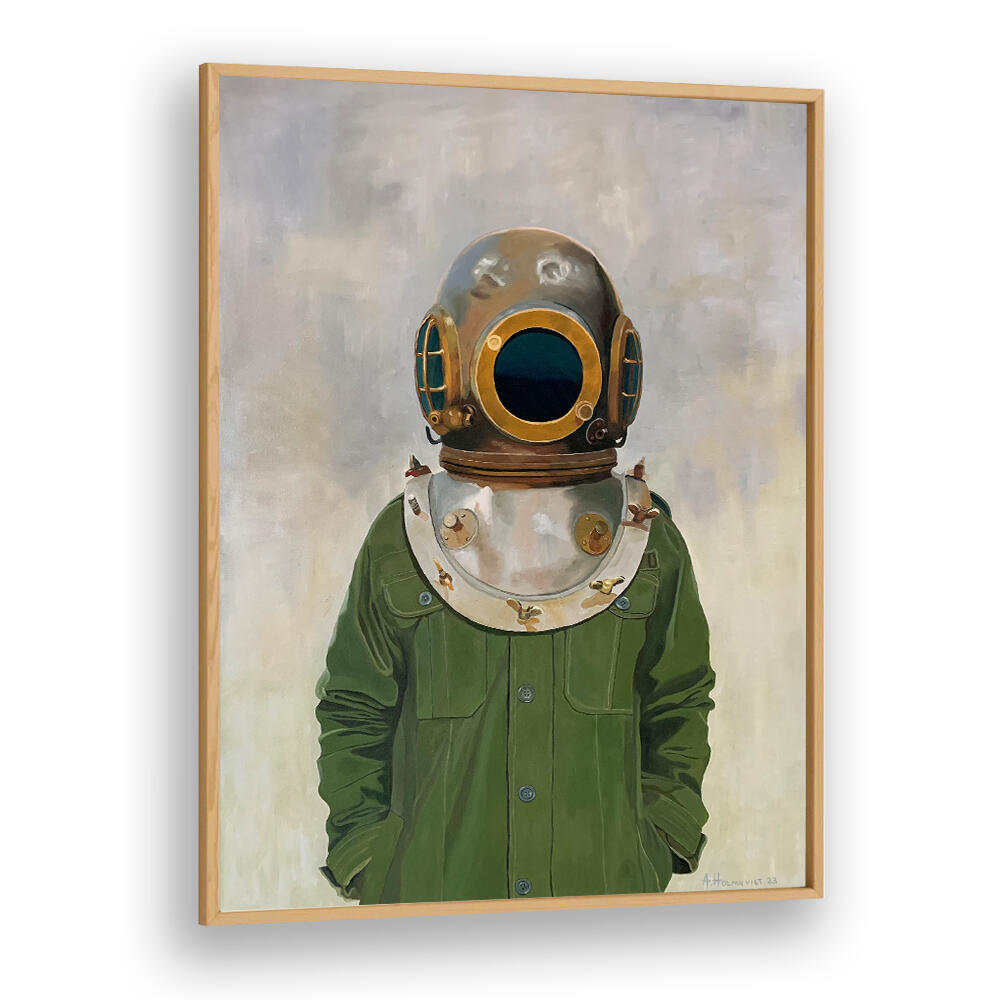VINTAGE DIVER'S HELMET ON A PERSON , PORTRAITS & FIGURATIVE ILLUSTRATIONS